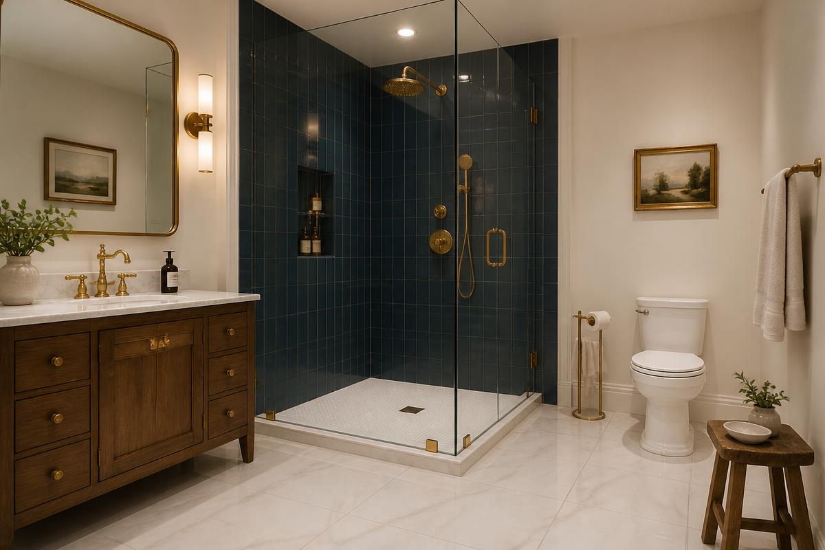 Doucheruimte met marineblauwe tegels, gouden kranen en perfect kitwerk