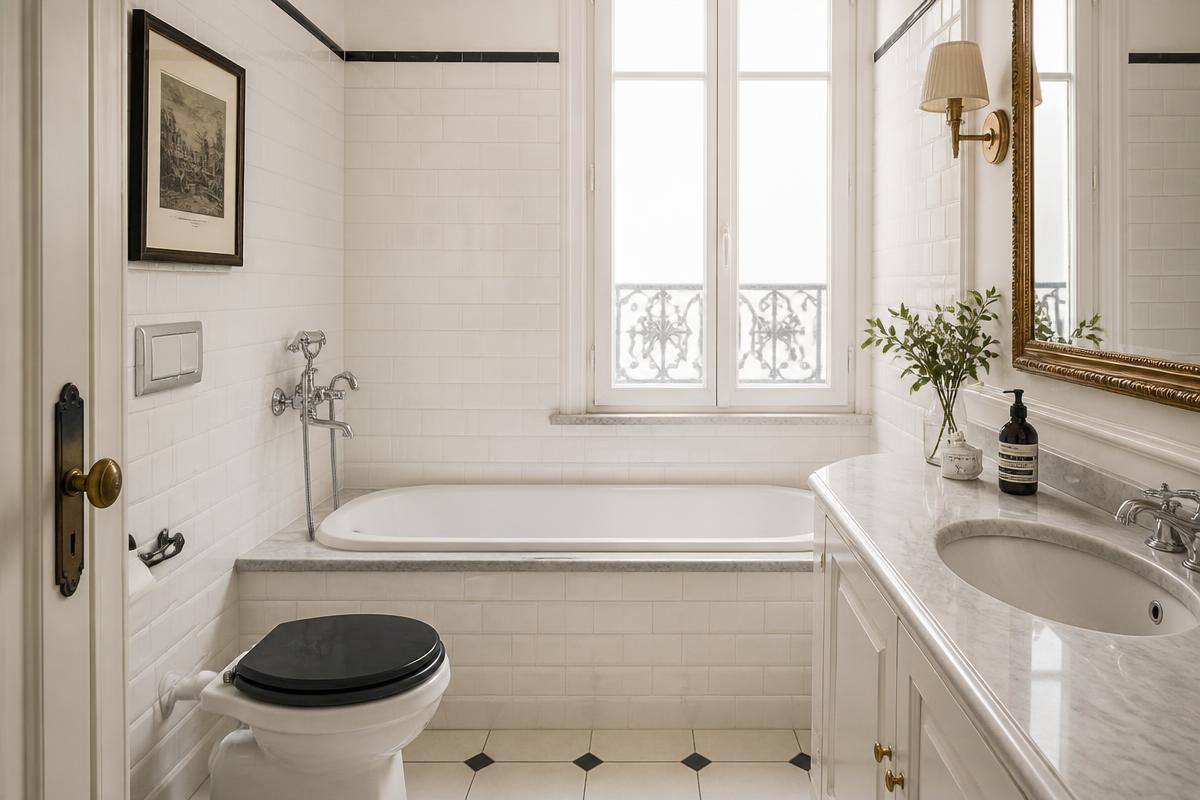 Klassieke Europese badkamer met witte tegels, schoon voegwerk en ligbad